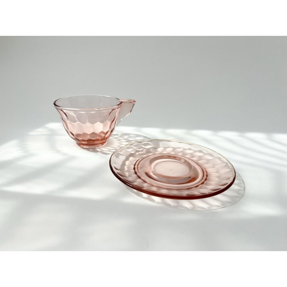 Pink Jeannette Depression Glass Vintage Teacup Saucer Glass Set Optic Thumbprint - Picture 6 of 10